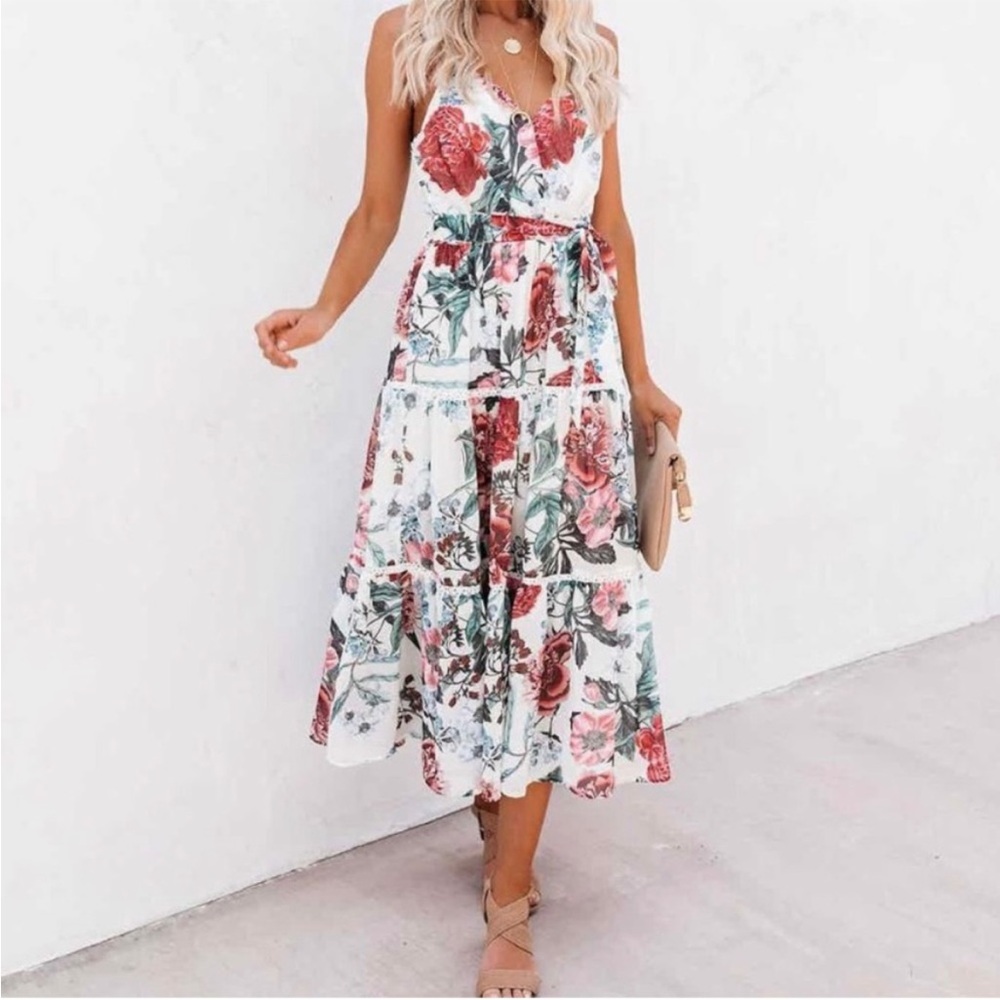 L’atiste by Amy midi dress white crochet fit and flare pink floral sleeveless M